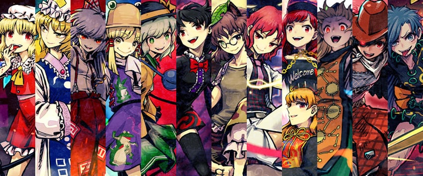 flandre scarlet, komeiji koishi, fujiwara no mokou, yakumo ran, moriya suwako, and 8 more (touhou) drawn by meimaru_inuchiyo