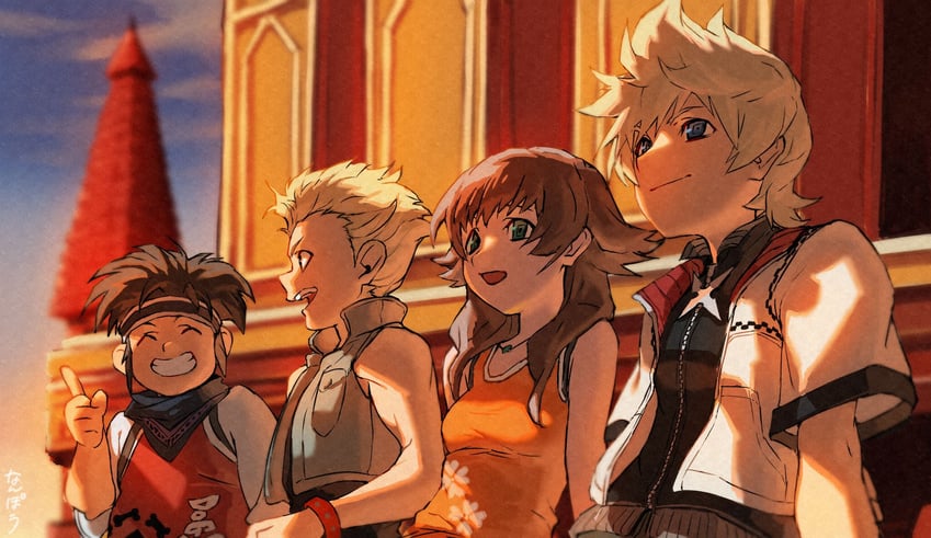 roxas, olette, hayner, and pence (kingdom hearts and 1 more) drawn by nanpou_(nanpou0021)
