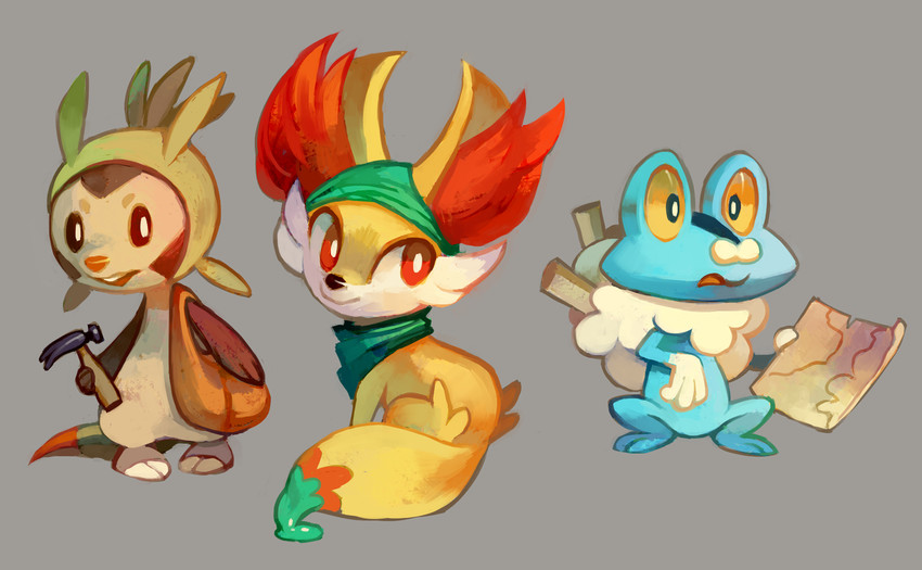 fennekin, chespin, and froakie (pokemon and 1 more) drawn by glitchedpuppet