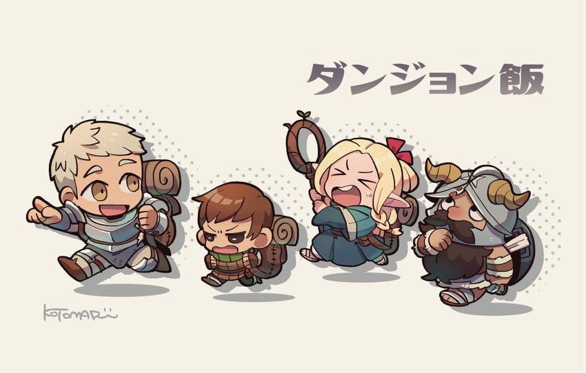 marcille donato, laios touden, senshi, and chilchuck tims (dungeon meshi) drawn by kotorai