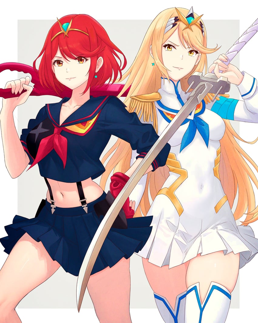 matoi ryuuko, pyra, mythra, senketsu, kiryuuin satsuki, and 1 more (xenoblade chronicles and 2 more) drawn by truejekart