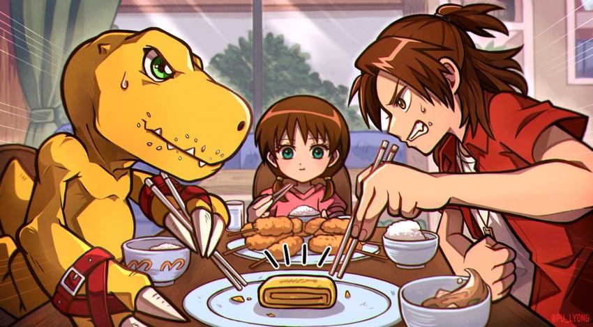 daimon masaru, agumon, and daimon chika (digimon and 1 more) drawn by pu_lyong