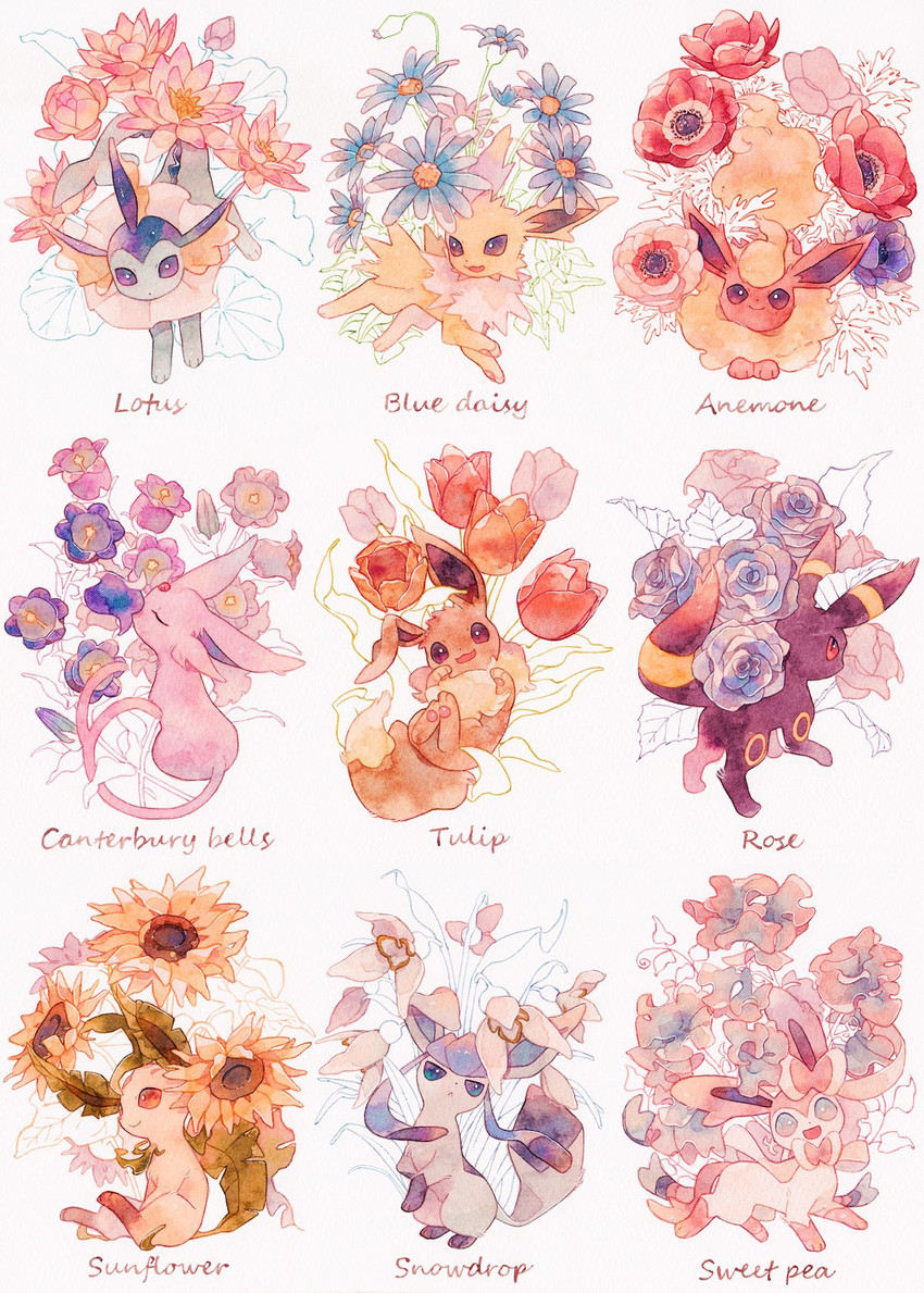 eevee, sylveon, umbreon, glaceon, vaporeon, and 4 more (pokemon) drawn by oharu-chan