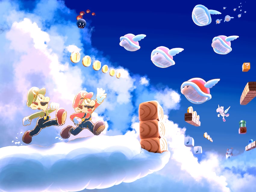mario, luigi, koopa paratroopa, flame chomp, and para-beetle (mario and 1 more) drawn by maribou_(supermaribou)