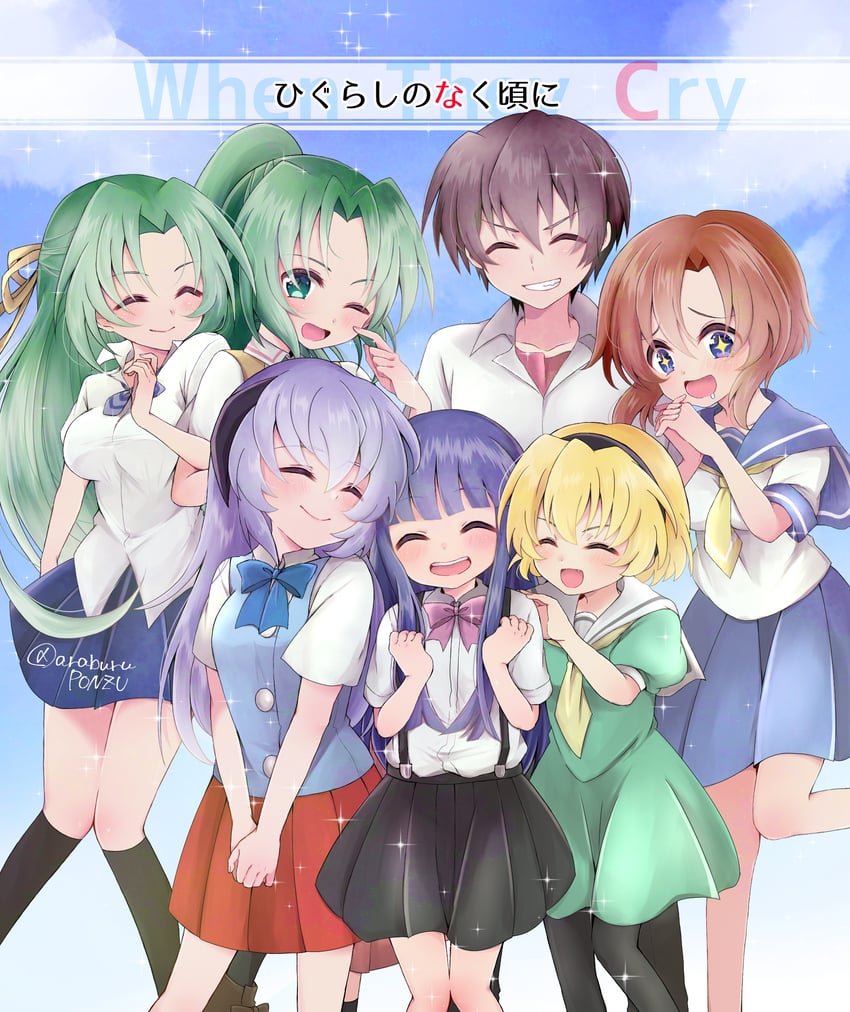 furude rika, ryuuguu rena, houjou satoko, sonozaki mion, hanyuu, and 2 more (higurashi no naku koro ni) drawn by dousho.