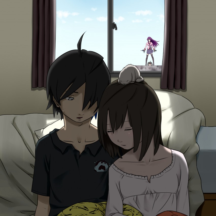 senjougahara hitagi, sengoku nadeko, hachikuji mayoi, and araragi koyomi (monogatari and 1 more) drawn by ryohhe