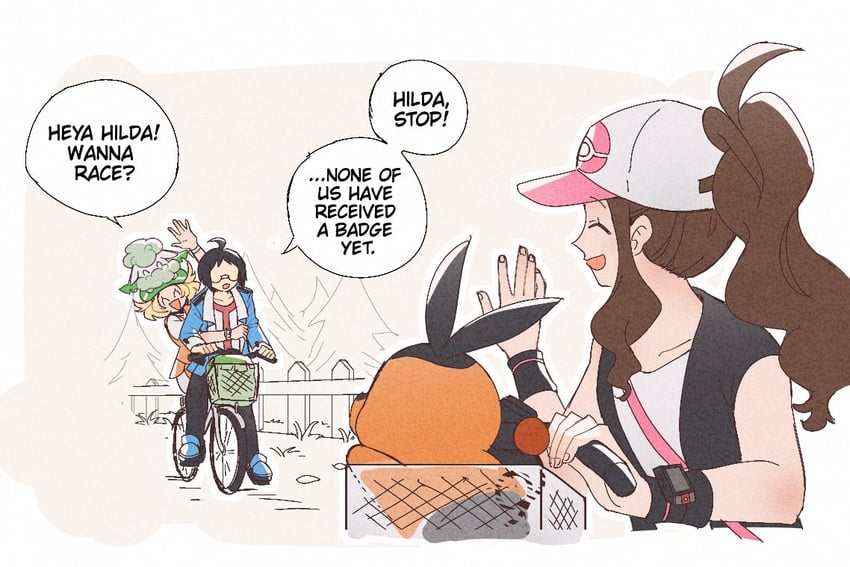 hilda, bianca, tepig, cheren, and cottonee (pokemon and 1 more) drawn by miiyokoe