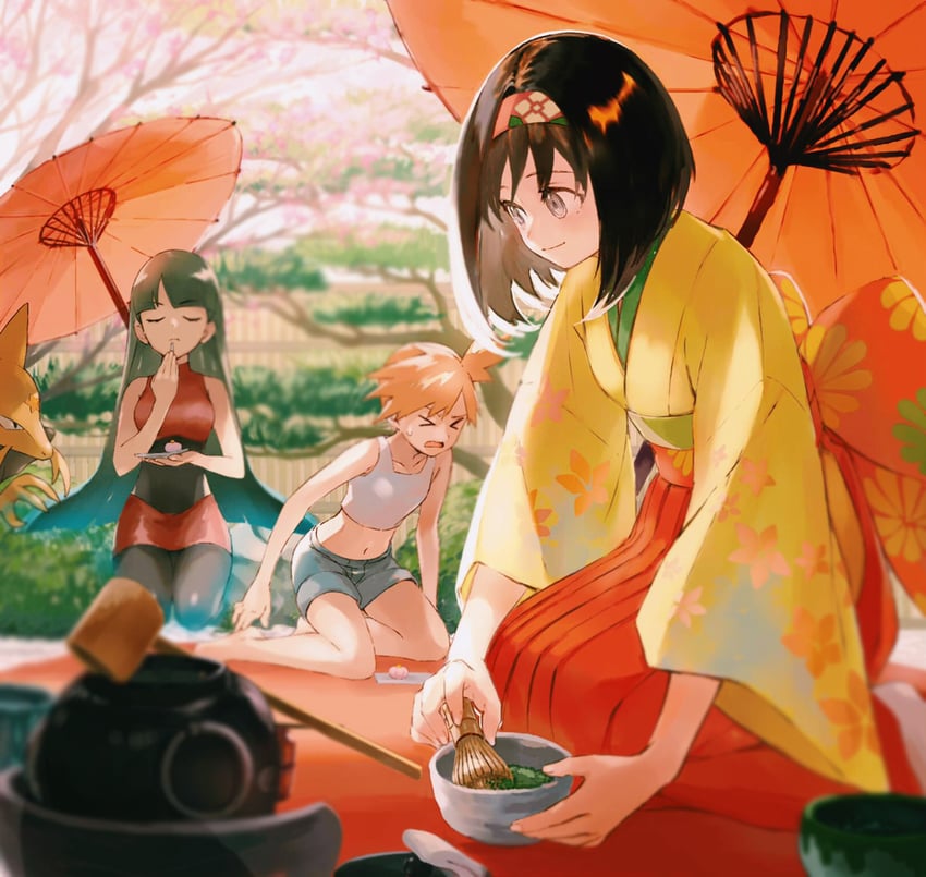 misty, sabrina, erika, and kadabra (pokemon and 1 more) drawn by orange_mikan