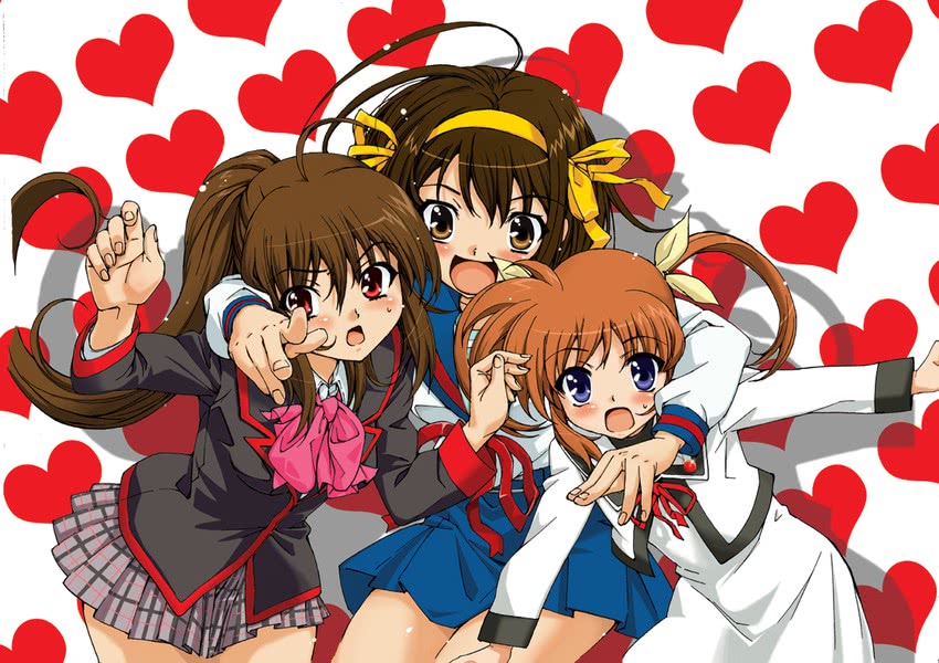 suzumiya haruhi, takamachi nanoha, raising heart, and natsume rin (lyrical nanoha and 3 more) drawn by tehen