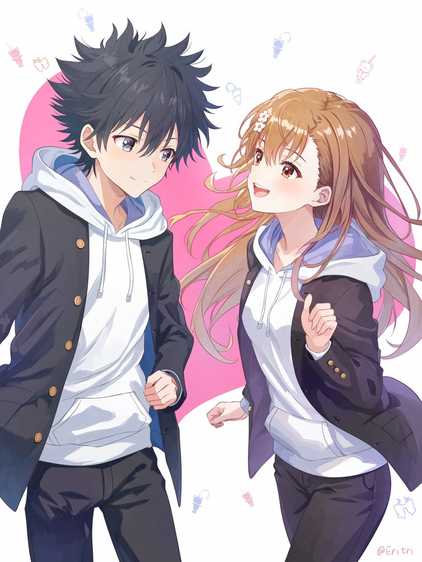misaka mikoto, kamijou touma, and gekota (toaru majutsu no index and 1 more) drawn by eritri