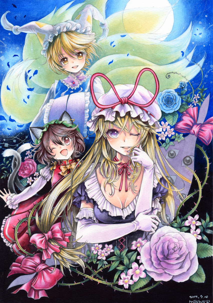 yakumo yukari, yakumo ran, and chen (touhou) drawn by mosho