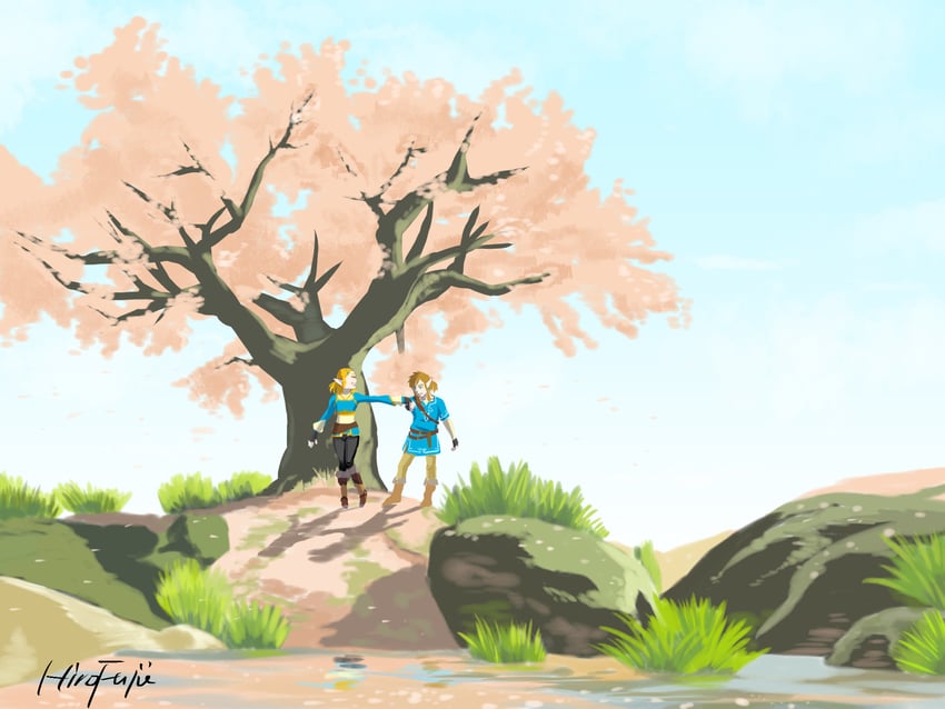 link and princess zelda (the legend of zelda and 1 more) drawn by hirofujie
