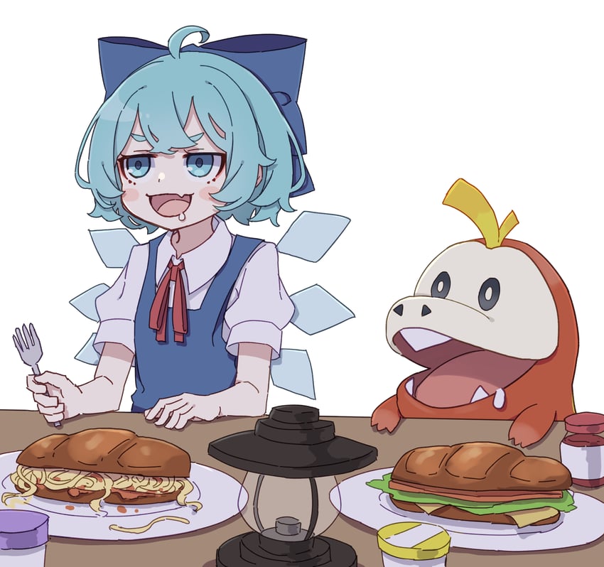 cirno and fuecoco (touhou and 1 more) drawn by kame_(kamepan44231)