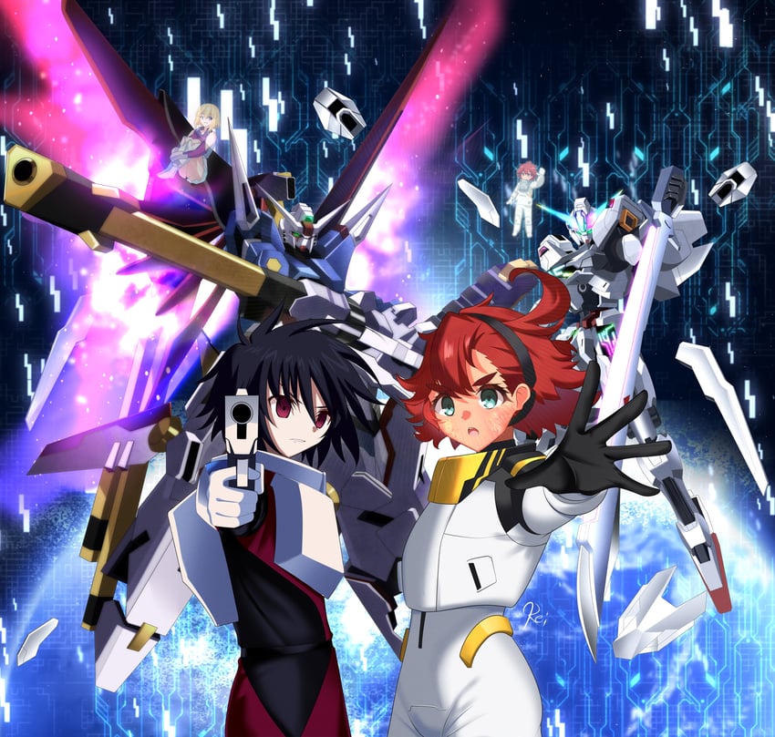suletta mercury, shinn asuka, stellar loussier, ericht samaya, gundam calibarn, and 1 more (gundam and 3 more) drawn by reiei_8
