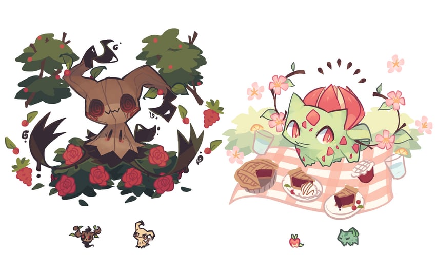 bulbasaur, mimikyu, applin, and phantump (original and 1 more) drawn by charamells