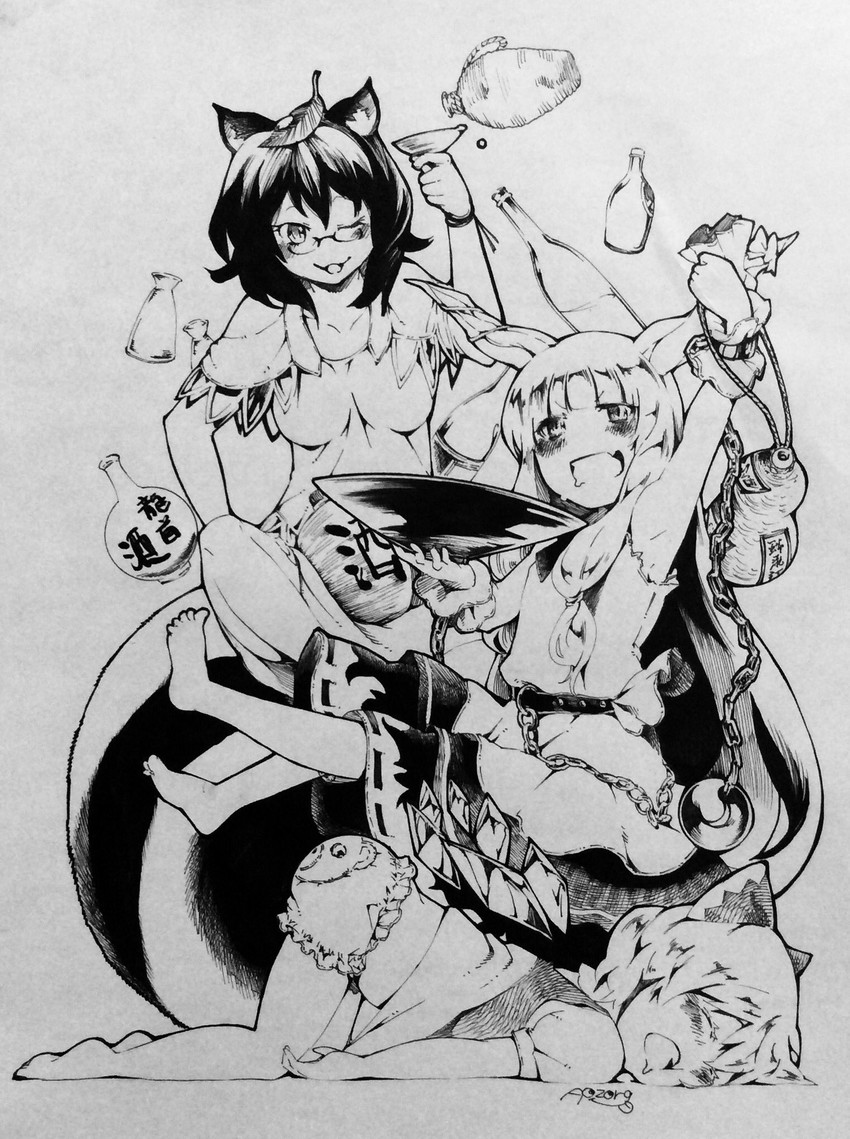 cirno, ibuki suika, and futatsuiwa mamizou (touhou) drawn by aozora_taf