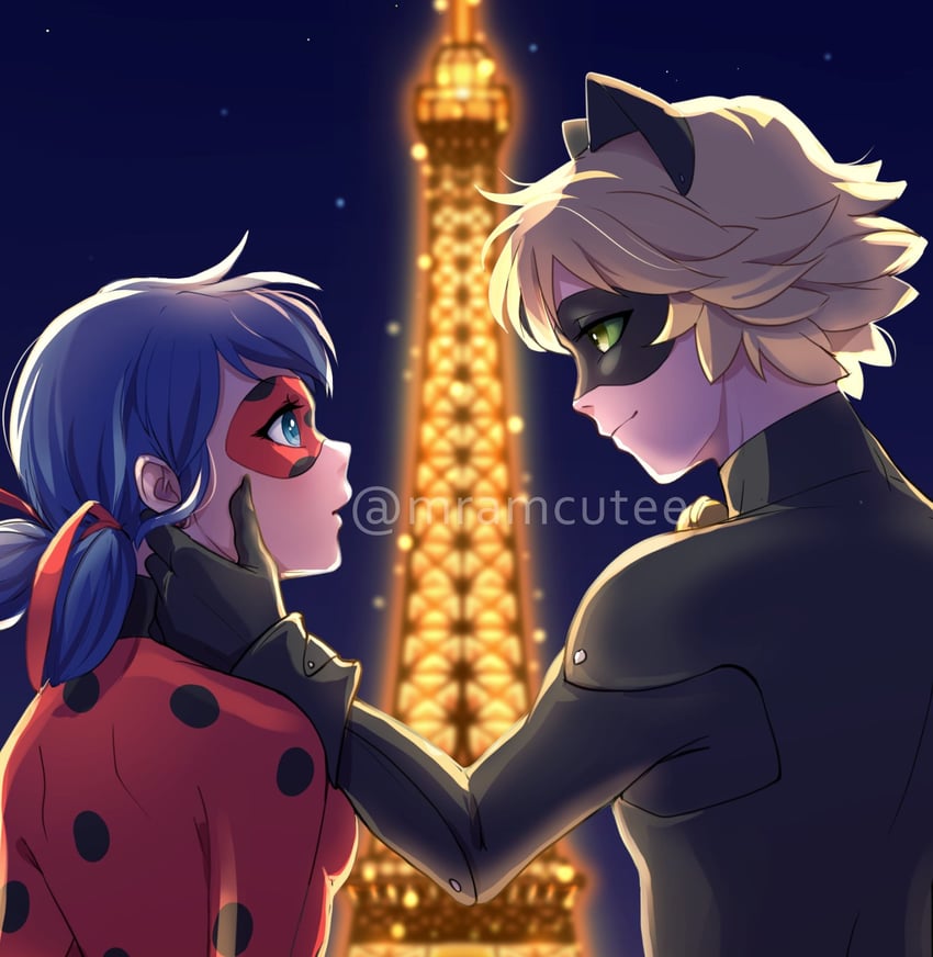 marinette dupain-cheng, adrien agreste, ladybug, and chat noir (miraculous ladybug) drawn by tomm0515