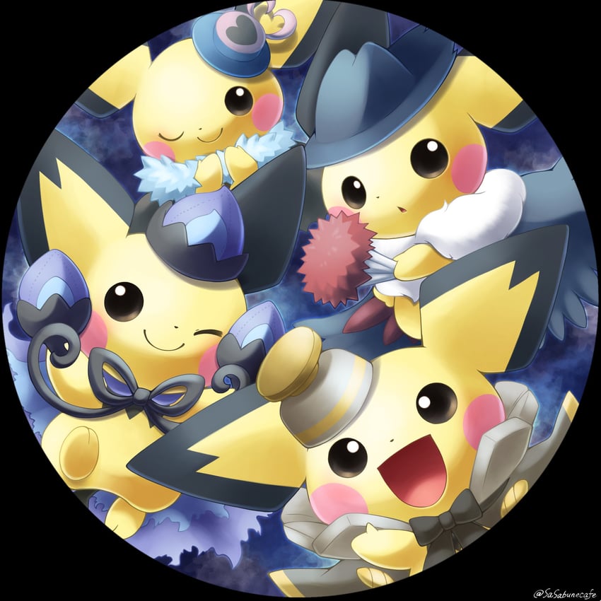 pichu, chandelure, dusknoir, honchkrow, and swoobat (pokemon) drawn by sasabunecafe