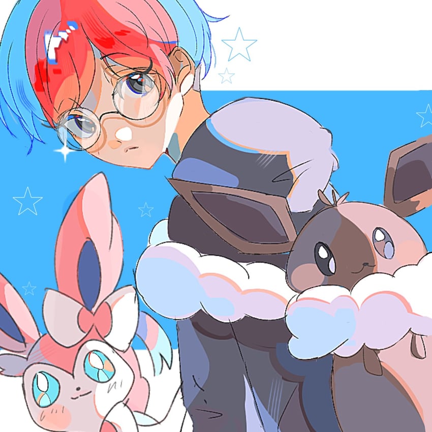 eevee, sylveon, and penny (pokemon and 1 more) drawn by hami_(3hm6gebdf619771)