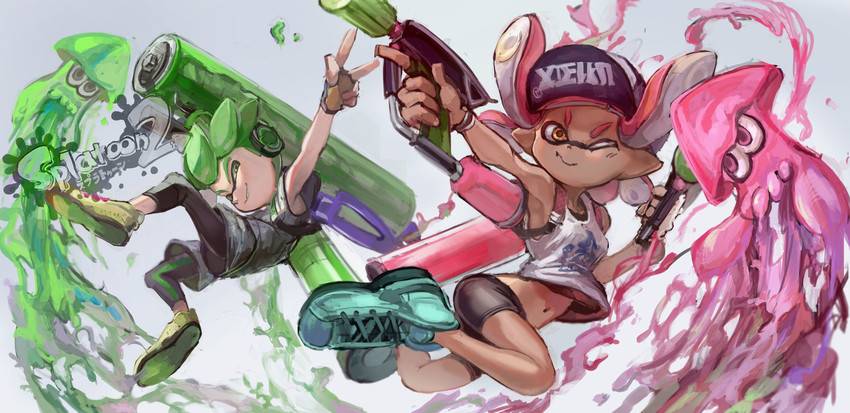 inkling, inkling girl, and inkling boy (splatoon and 1 more) drawn by myuu1995