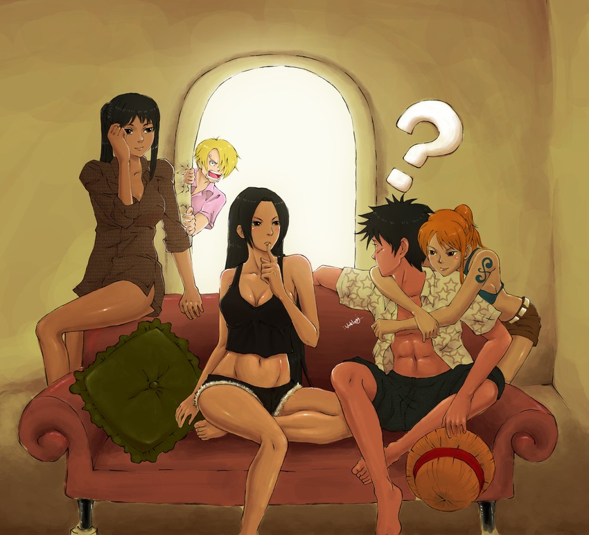 nami, monkey d. luffy, nico robin, sanji, and boa hancock (one piece) drawn by waklo99