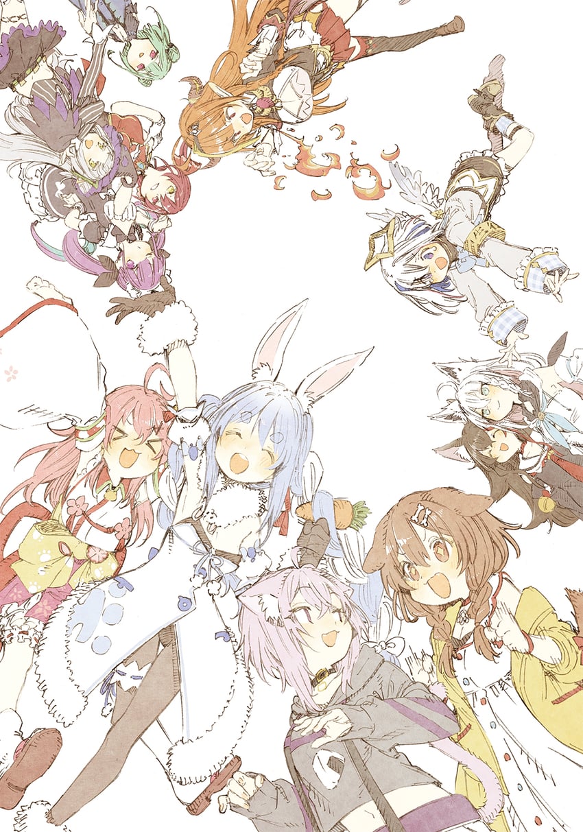 houshou marine, shirakami fubuki, usada pekora, nekomata okayu, minato aqua, and 6 more (hololive) drawn by abara_heiki