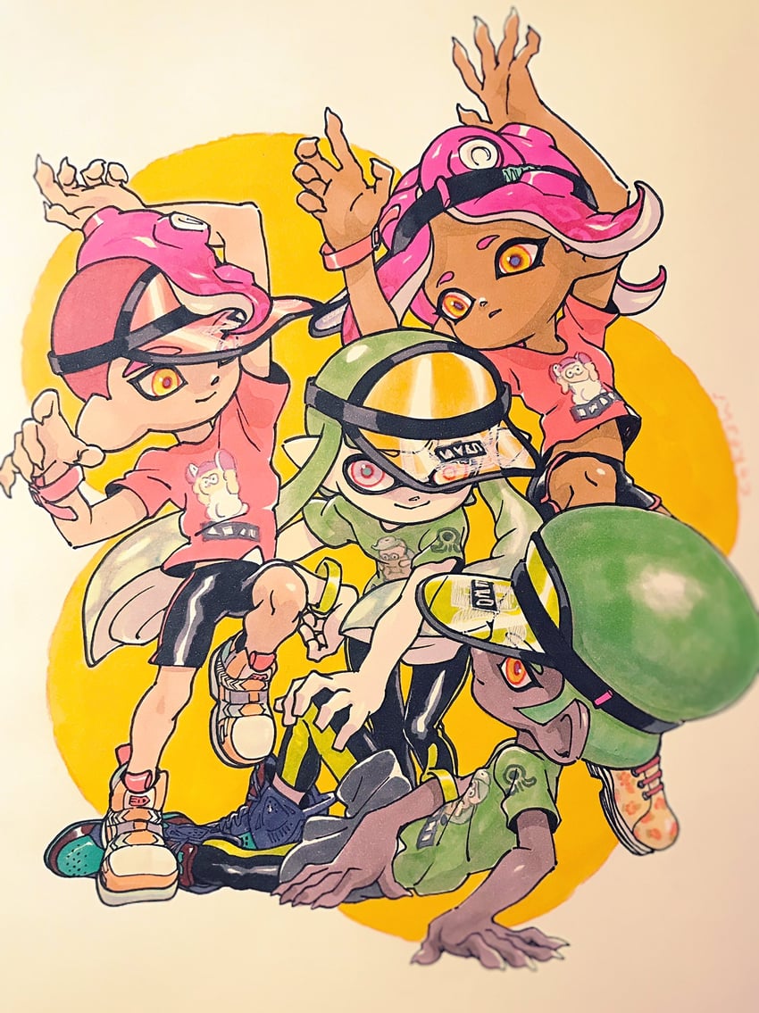 inkling player character, inkling girl, octoling player character, octoling girl, and octoling boy (splatoon and 1 more) drawn by cokeshi