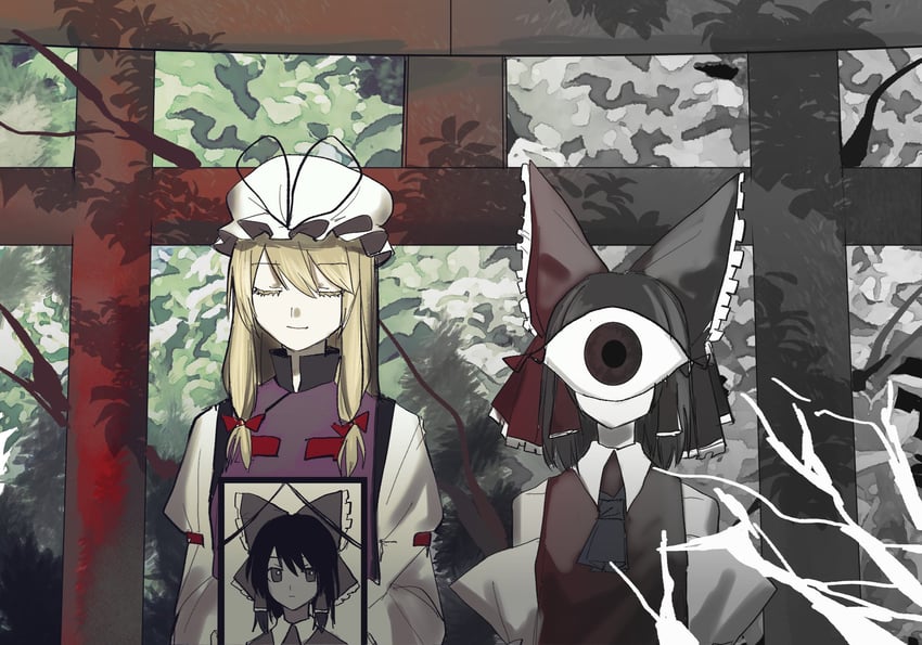 hakurei reimu and yakumo yukari (touhou) drawn by heinrich_(fernanderuddle)