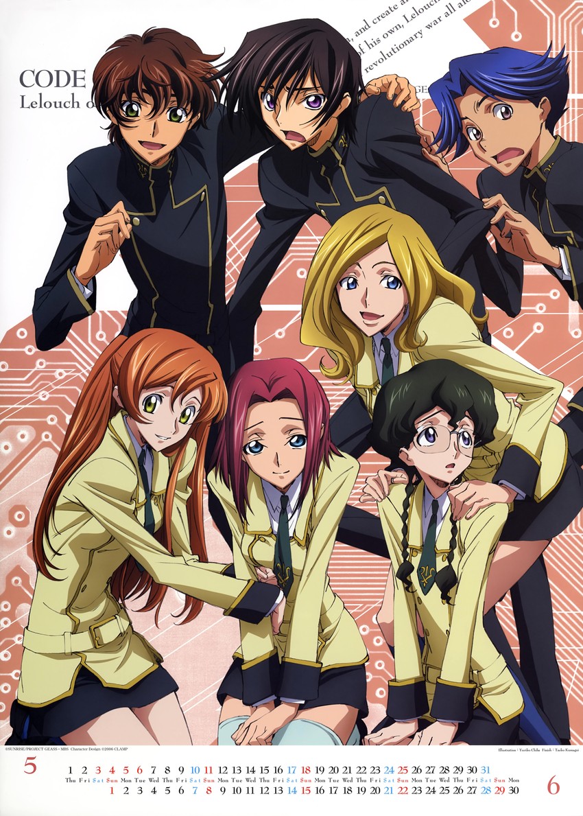lelouch vi britannia, kouzuki kallen, kururugi suzaku, shirley fenette, milly ashford, and 2 more (code geass) drawn by chiba_yuriko and kumagai_taeko