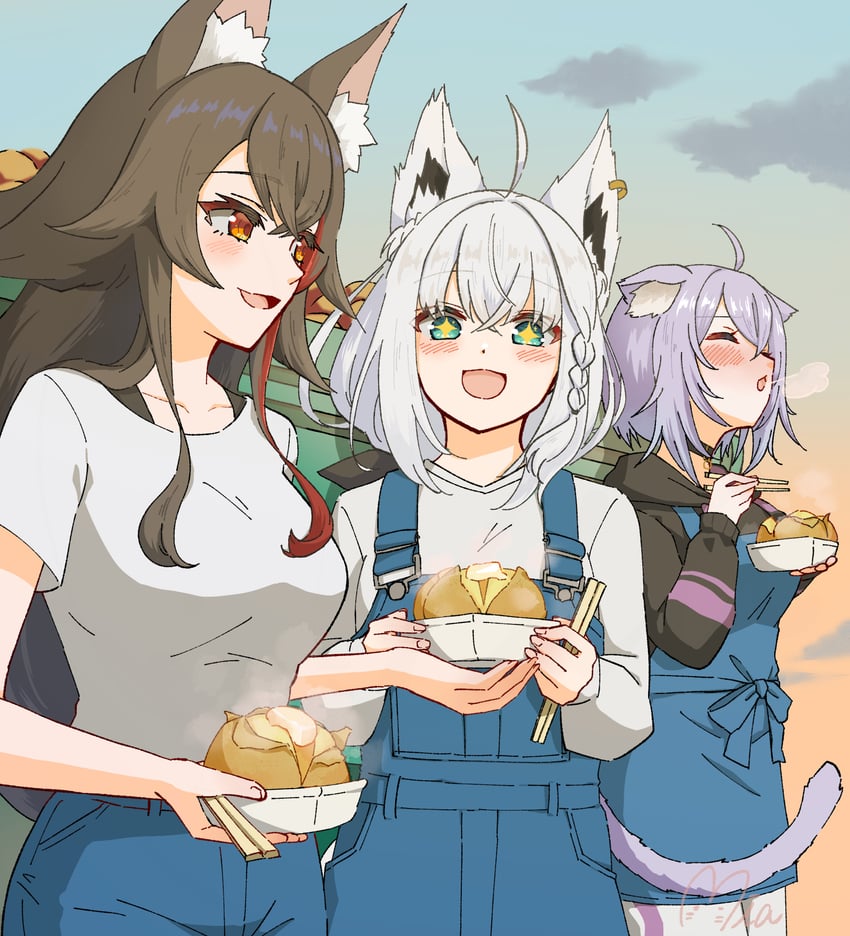 shirakami fubuki, nekomata okayu, and ookami mio (hololive) drawn by mia960