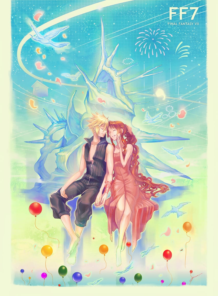 cloud strife and aerith gainsborough (final fantasy and 1 more) drawn by amao_miyuki