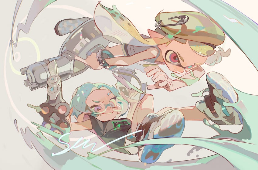 inkling player character, inkling girl, octoling player character, and octoling girl (splatoon) drawn by acuteghost