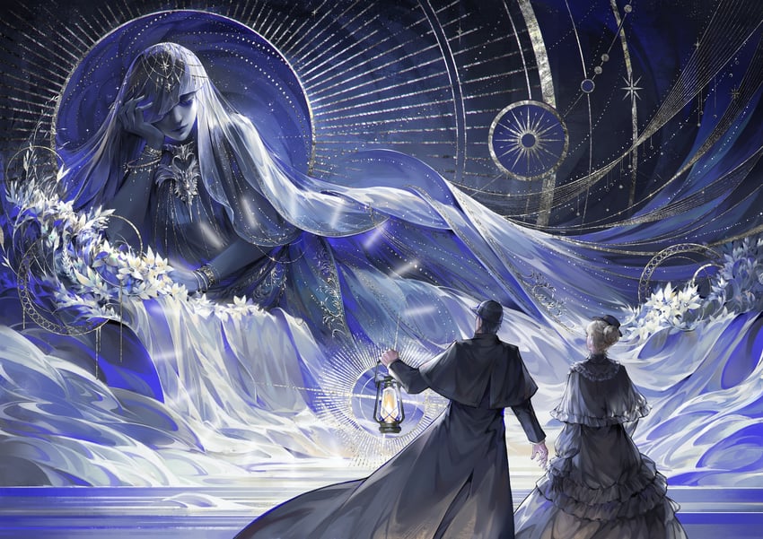 klein moretti, evernight goddess, sharron, and sherlock moriarty (lord of the mysteries) drawn by fawanwenjiupao75017