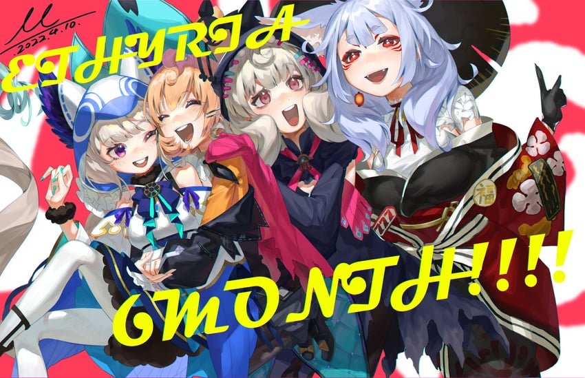 enna alouette, millie parfait, nina kosaka, reimu endou, and lucie (nijisanji and 1 more) drawn by miao94236