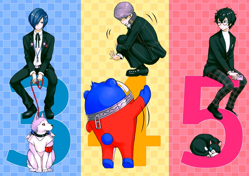narukami yu, yuuki makoto, amamiya ren, kuma, morgana, and 1 more (persona and 3 more) drawn by hi_(ibisf5umauma)