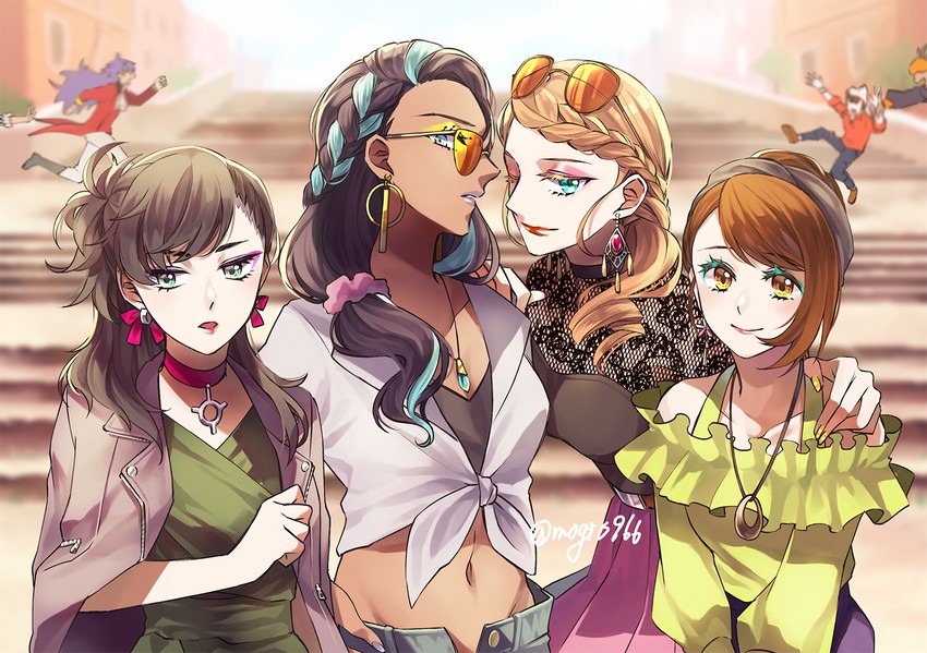 marnie, gloria, leon, raihan, nessa, and 3 more (pokemon and 1 more) drawn by kurose_mogi