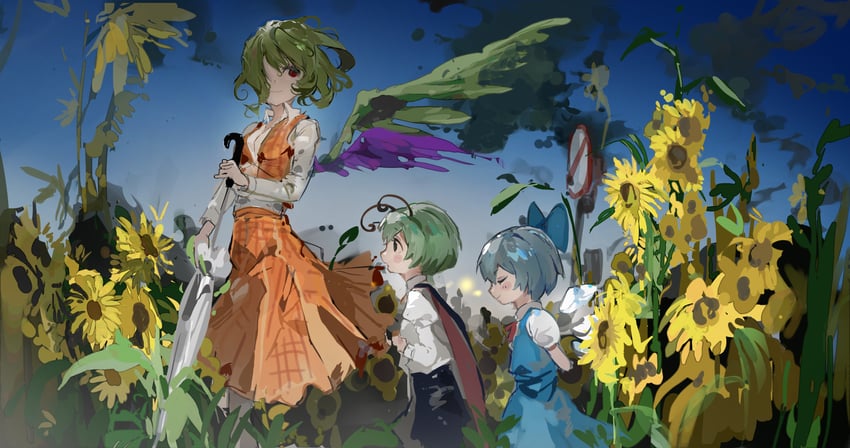 cirno, kazami yuuka, and wriggle nightbug (touhou and 1 more) drawn by sesmkun