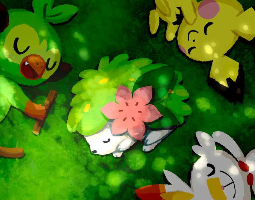 scorbunny, pichu, grookey, and shaymin (pokemon) drawn by aruco_co