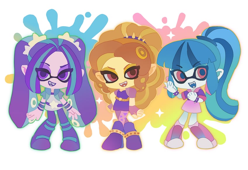 sonata dusk, adagio dazzle, and aria blaze (splatoon and 3 more) drawn by lwen