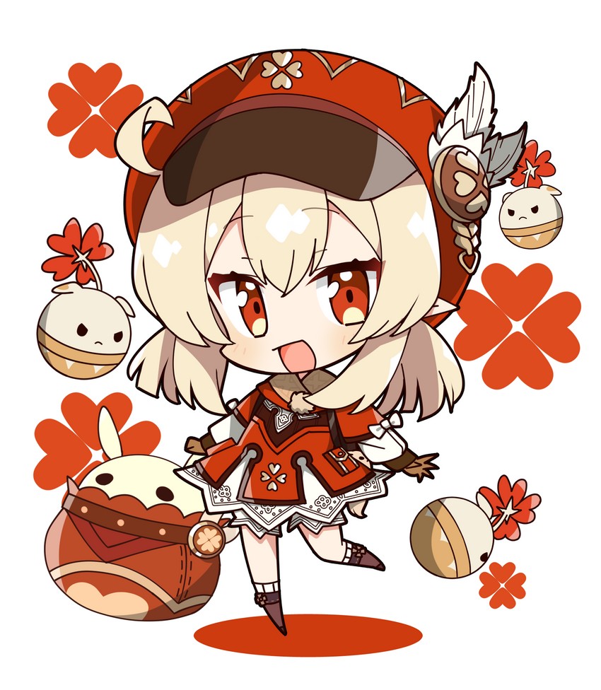 klee, dodoco, and jumpy dumpty (genshin impact) drawn by mochimochi_kinako.