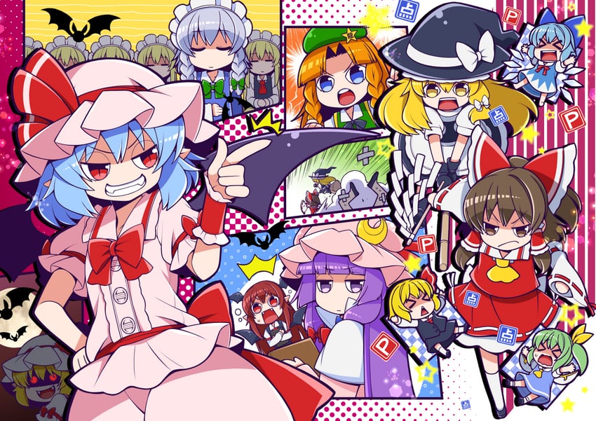 hakurei reimu, kirisame marisa, remilia scarlet, flandre scarlet, izayoi sakuya, and 7 more (touhou and 1 more) drawn by eichi_yuu