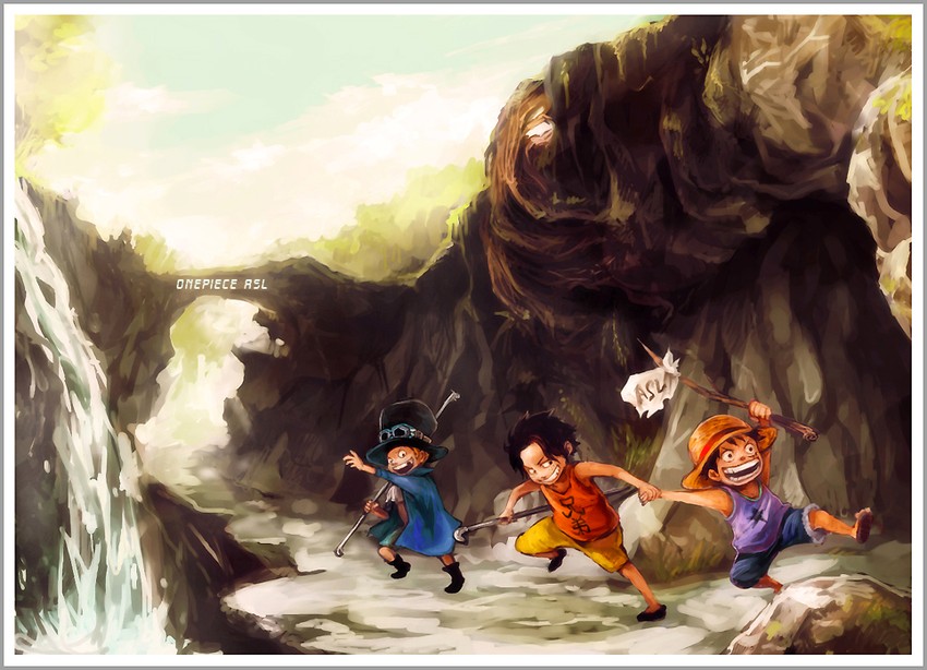 monkey d. luffy, portgas d. ace, and sabo (one piece) drawn by tsuyomaru