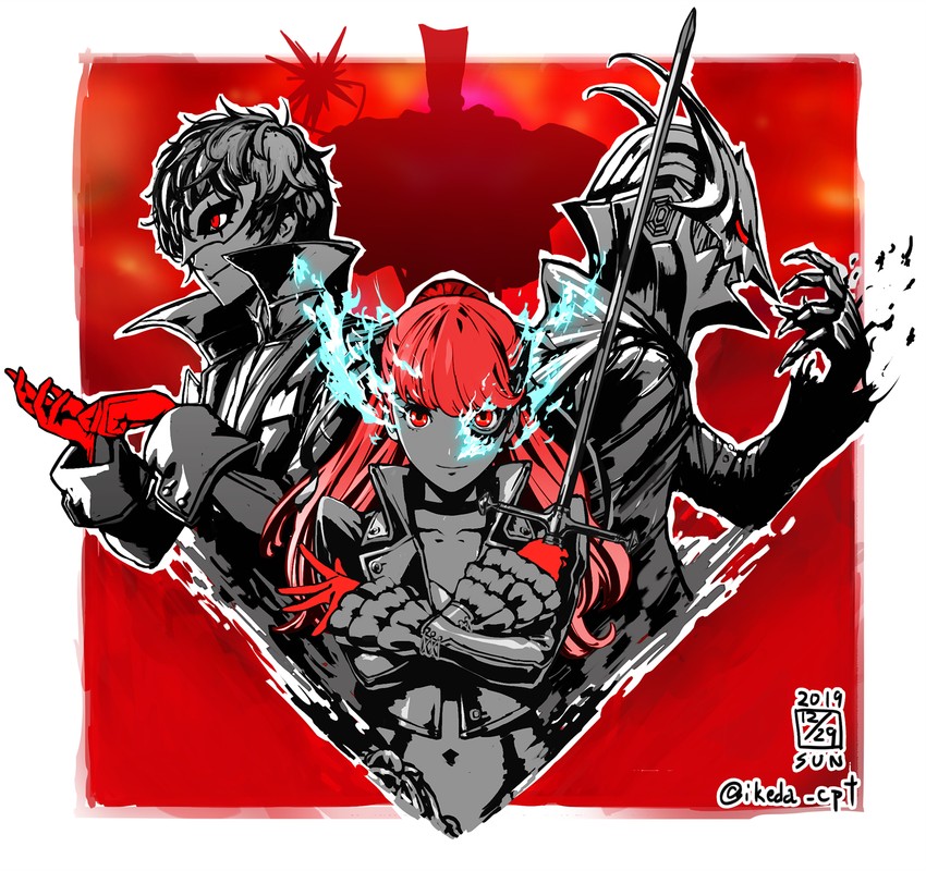 amamiya ren, yoshizawa kasumi, akechi gorou, and joker (persona and 2 more) drawn by ikeda_(cpt)