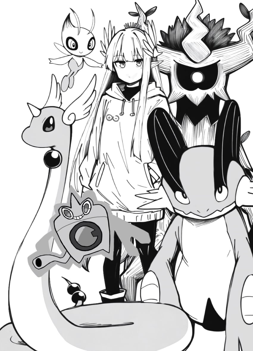 rotom, muelsyse, celebi, dragonair, swampert, and 1 more (pokemon and 1 more) drawn by makigirisu