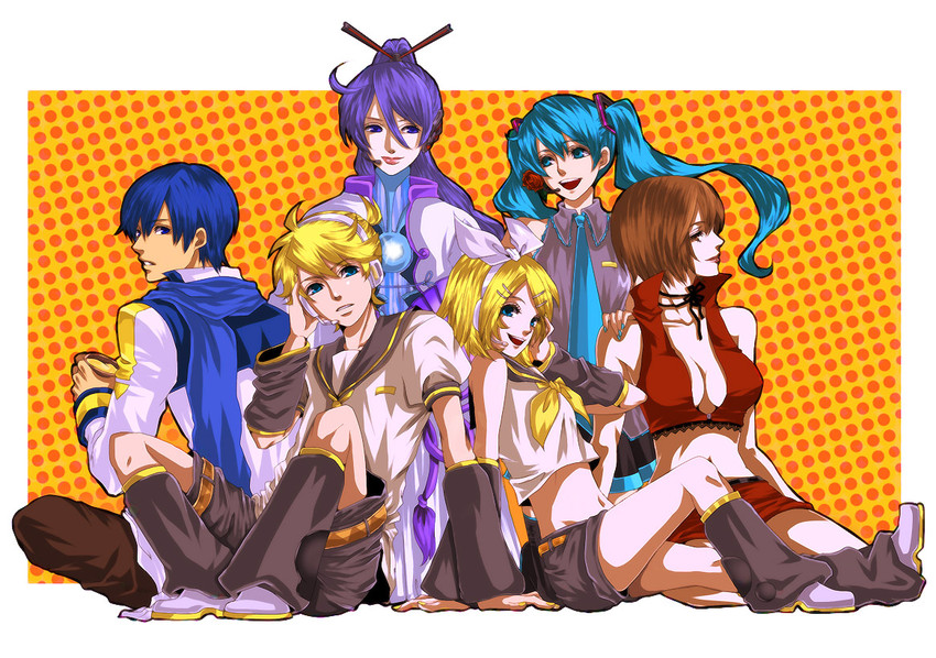 hatsune miku, kagamine rin, kagamine len, kaito, meiko, and 1 more (vocaloid) drawn by chiru_(sanifani)