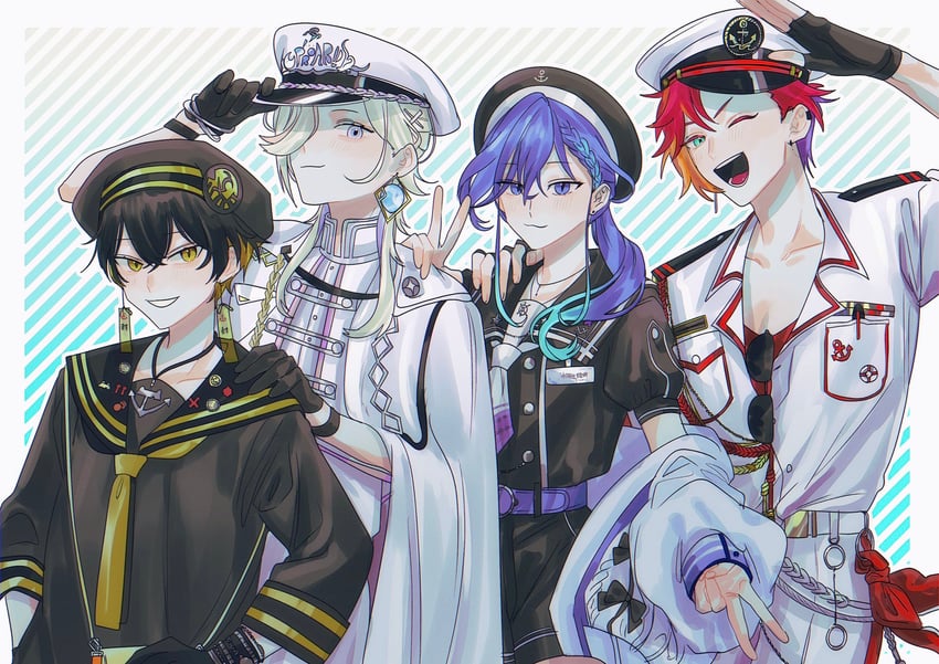 yatogami fuma, minase rio, utsugi uyu, and hizaki gamma (holostars) drawn by momiage_40
