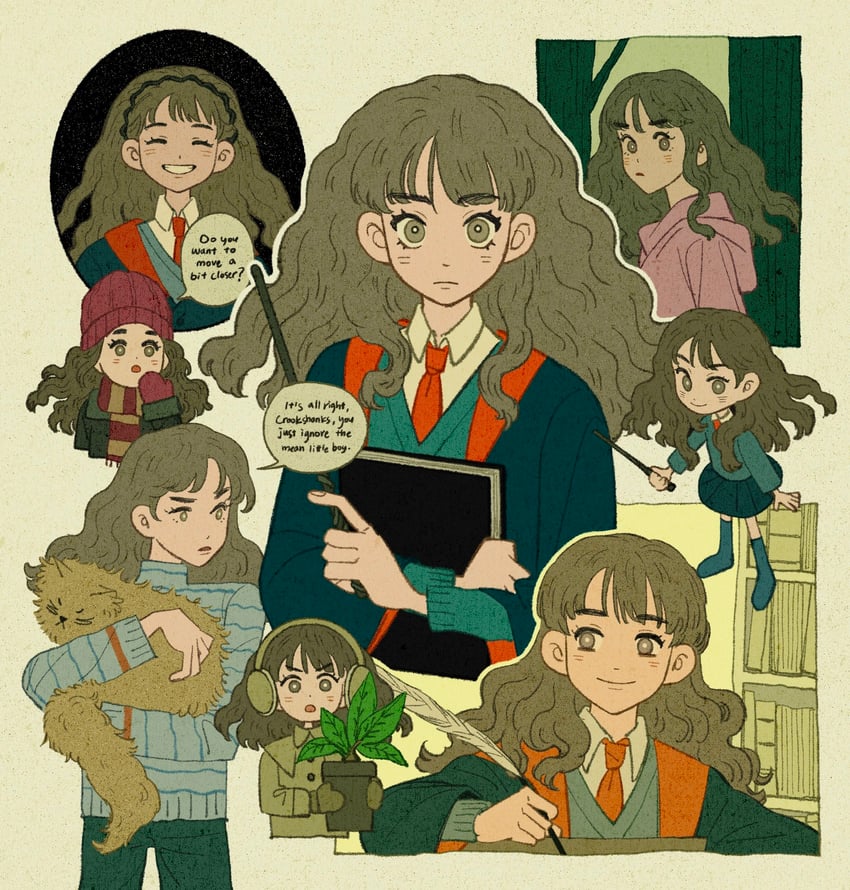 hermione granger and crookshanks (wizarding world and 1 more) drawn by helen_jee