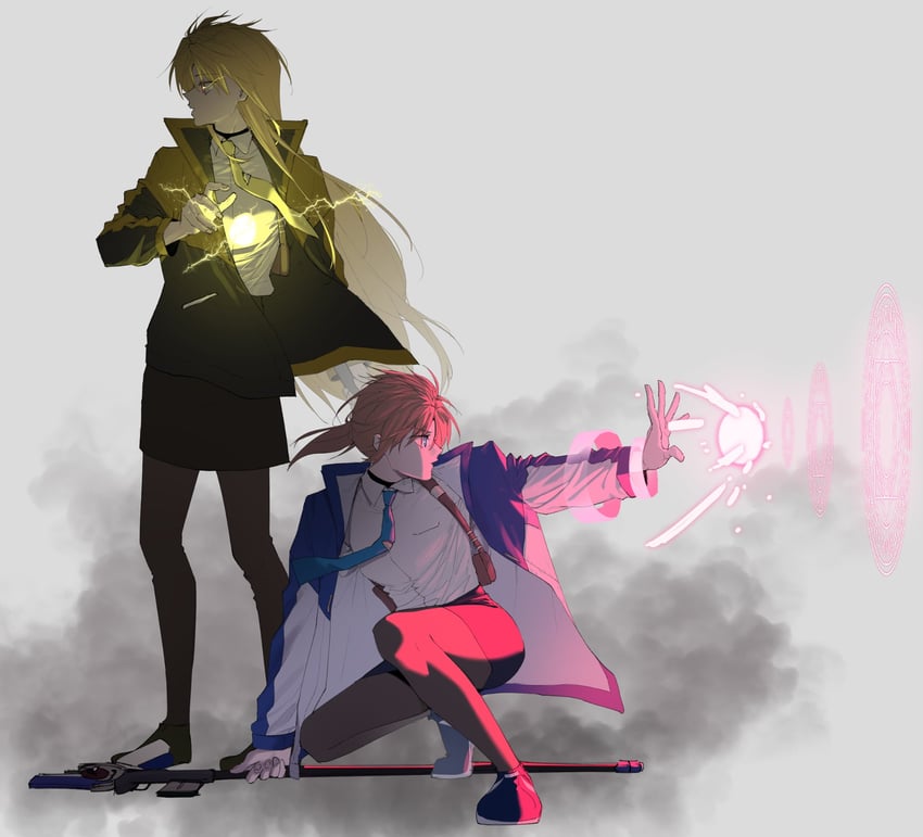 fate testarossa, takamachi nanoha, and raising heart (lyrical nanoha and 1 more) drawn by kaichan2536