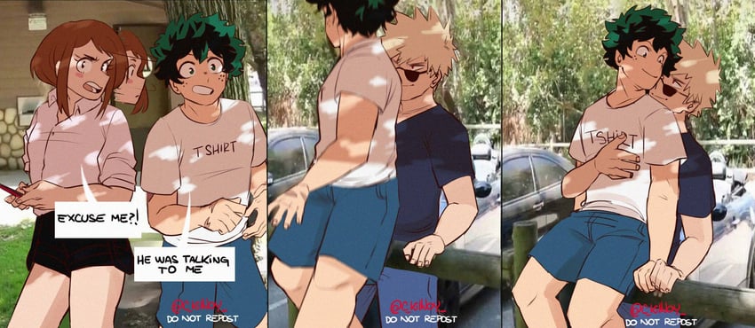 midoriya izuku, uraraka ochaco, and bakugou katsuki (boku no hero academia) drawn by mica_(c_killjoy)