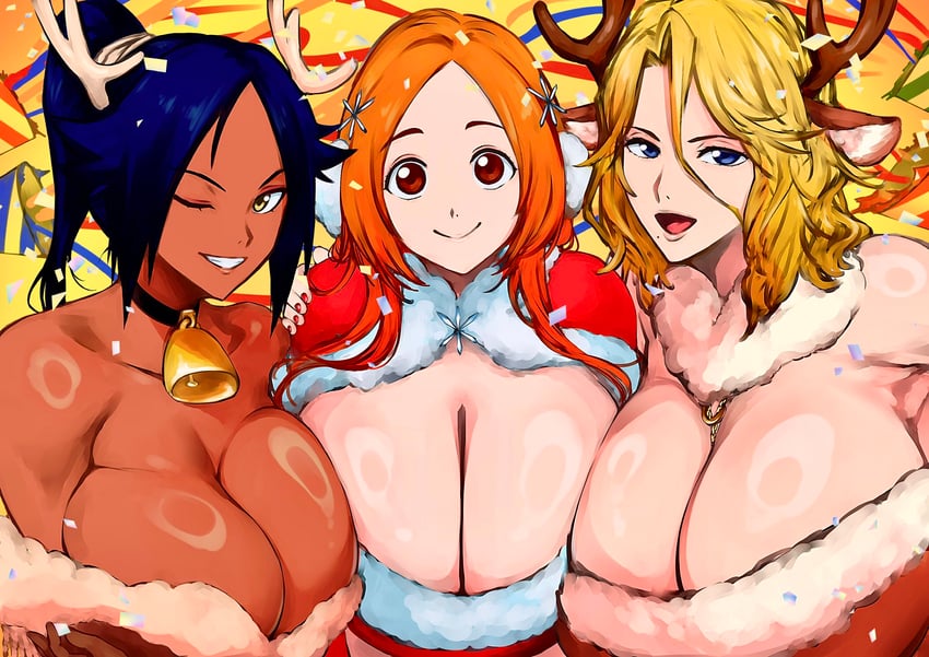 shihouin yoruichi, inoue orihime, and matsumoto rangiku (bleach) drawn by kyuugata
